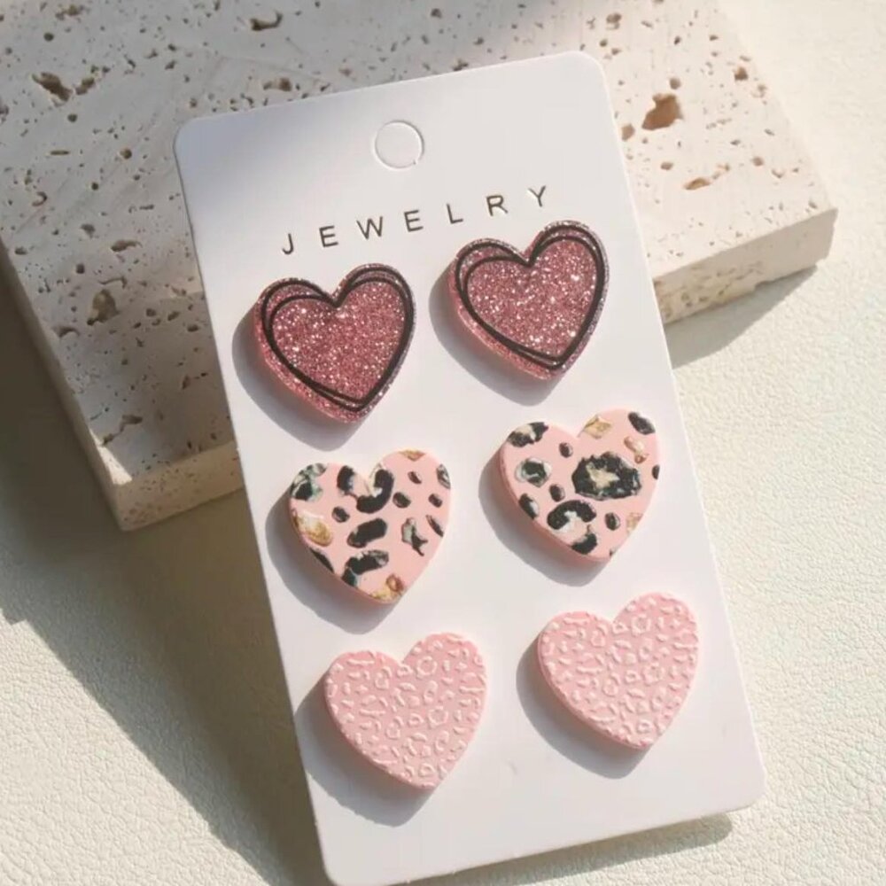 3pc Brand New Pink Acrylic Heart Earring Sets